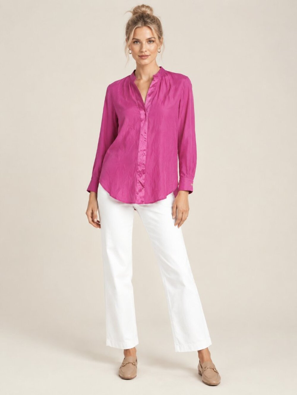 J. Jill Silk Satin Trim Long Sleeve Blouse Pink Small #A4736